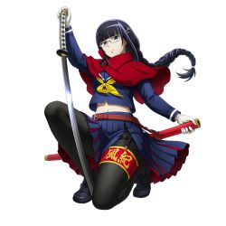 Rule 34 | 1girl, black hair, black legwear, glasses, midriff, narberal gamma, official art, overlord (maruyama), ponytail, school uniform, sheath, sheathed, solo, sword, tagme, transparent background, weapon