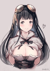 Rule 34 | 1girl, bad id, bad pixiv id, black hair, blush, breasts, cleavage, gloves, goggles, goggles on head, granblue fantasy, heart, highres, jessica (granblue fantasy), large breasts, long hair, milli little, smile, solo, twitter username, white gloves