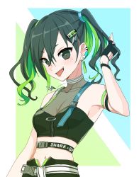 Rule 34 | 1girl, armband, black gloves, blush, breasts, buckle, cleavage, collar, crop top, ear piercing, earrings, fingerless gloves, gloves, green eyes, green hair, hair ornament, hairclip, highres, holding, holding own hair, idolmaster, idolmaster cinderella girls, jewelry, looking at viewer, medium hair, midriff, mole, mole under eye, multicolored hair, navel, necklace, piercing, sharp teeth, shirt, single earring, sleeveless, sleeveless shirt, small breasts, smile, snap-fit buckle, solo, sukoyaka (100hituzi), sunazuka akira, teeth, tongue, tongue out, turtleneck, twintails, upper body