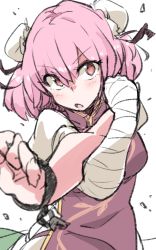Rule 34 | &gt;:o, 1girl, :o, bandaged arm, blush, bun cover, chain, crossed arms, cuffs, double bun, highres, ibaraki kasen, looking at viewer, pink eyes, pink hair, puffy short sleeves, puffy sleeves, shackles, short hair, short sleeves, solo, stretching, tabard, touhou, v-shaped eyebrows, zk (zk gundan)