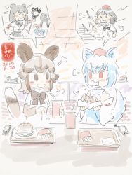 Rule 34 | 10s, 4girls, animal ears, black hair, burger, character request, detached sleeves, dog ears, dog tail, eavesdropping, food, french fries, gensoukoumuten, hat, highres, inubashiri momiji, kemono friends, multiple girls, paw stick, pointy ears, pom pom (clothes), red eyes, ribbon-trimmed sleeves, ribbon trim, shameimaru aya, short hair, short sleeves, soft drink, tail, tokin hat, touhou, white hair, wolf ears, wolf tail