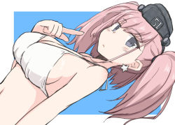 Rule 34 | 1girl, atlanta (kancolle), bikini, black hat, blue background, border, breasts, brown eyes, brown hair, commentary request, earrings, garrison cap, grey eyes, hat, index finger raised, jewelry, kantai collection, kugui kiyunemu, large breasts, long hair, looking at viewer, solo, star (symbol), star earrings, swimsuit, two-tone background, two side up, upper body, white bikini, white border