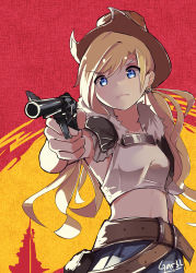 Rule 34 | 1girl, absurdres, aiming, aiming at viewer, belt, blonde hair, blue eyes, colt revolver (girls&#039; frontline), commentary, cowboy hat, denim, denim skirt, gar32, girls&#039; frontline, gun, handgun, hat, highres, holding, holding gun, holding weapon, long hair, midriff, parody, pointing, pointing at viewer, red dead redemption, revolver, skirt, solo, weapon