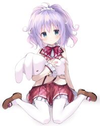 Rule 34 | 1girl, blush, bow, bowtie, brown footwear, dot mouth, ena (koisuru doll to omoi no kiseki), frilled skirt, frills, full body, green eyes, hair ornament, hair scrunchie, highres, jacket, koisuru doll to omoi no kiseki, looking at viewer, mary janes, medium hair, pantyhose, purple hair, red bow, red bowtie, red skirt, scrunchie, shoes, simple background, sitting, skirt, solo, stuffed animal, stuffed rabbit, stuffed toy, takepoison, wariza, white background, white pantyhose, white scrunchie