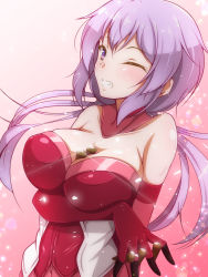 Rule 34 | 1girl, aimo (aimo1214), between breasts, blush, breasts, bullet, cleavage, commentary request, elbow gloves, gloves, grin, highres, holding, holding bullet, large breasts, long hair, one eye closed, pink background, purple hair, senki zesshou symphogear, skindentation, smile, solo, sparkle, takagaki ayahi, yukine chris