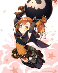 Rule 34 | 1girl, arms up, bomb, boots, commentary request, explosion, explosive, full body, gauntlets, looking at viewer, misogi (princess connect!), orange eyes, orange hair, princess connect!, sakumo (karatama), side ponytail, skull print, solo, split mouth, star (symbol), twitter username