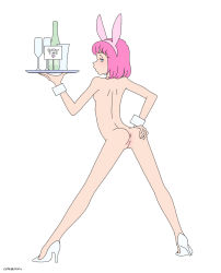 Rule 34 | 1girl, animal ears, anus, ass, blush, breasts, cleft of venus, cote, fake animal ears, from behind, full body, high heels, highres, looking at viewer, looking back, nude, pink hair, plate, pumps, pussy, rabbit ears, simple background, skinny, small breasts, solo, spread legs, standing, tray, uncensored, waitress, white background, wrist cuffs