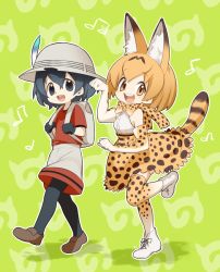Rule 34 | 10s, 2girls, animal ear fluff, animal ears, backpack, bag, bare shoulders, black hair, blonde hair, blue eyes, bow, bowtie, commentary request, elbow gloves, gloves, helmet, high-waist skirt, holding strap, kaban (kemono friends), kemono friends, loafers, maneki-syorai, multicolored hair, multiple girls, musical note, open mouth, pantyhose, paw pose, pith helmet, print gloves, print legwear, print skirt, serval (kemono friends), serval print, serval tail, shirt, shoes, short hair, short sleeves, shorts, skirt, sleeveless, standing, standing on one leg, t-shirt, tail, thighhighs, yellow eyes, zettai ryouiki
