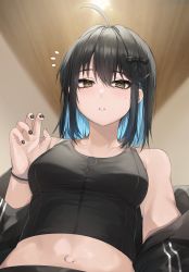 Rule 34 | 1girl, absurdres, ahoge, black jacket, black nails, black tank top, blue hair, bracelet, breasts, brown eyes, colored inner hair, commentary, english commentary, from below, hair ornament, hair ribbon, hairclip, hand up, highres, irene (kanniiepan), jacket, jewelry, kanniiepan, light blue hair, looking at viewer, midriff, mole, mole under eye, multicolored hair, nail art, nail polish, navel, notice lines, off shoulder, original, parted lips, pov, ribbon, short hair, solo, tank top, two-tone hair