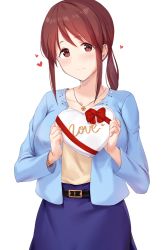 Rule 34 | 1girl, anti (0324), beige shirt, belt, blue jacket, blue skirt, blush, box, bracelet, breasts, brown eyes, brown hair, collarbone, gift, gift box, happy valentine, heart-shaped box, highres, holding, holding gift, idolmaster, idolmaster cinderella girls, jacket, jewelry, large breasts, long hair, long sleeves, looking at viewer, mifune miyu, necklace, open clothes, open jacket, ponytail, sidelocks, simple background, skirt, smile, solo, valentine, white background