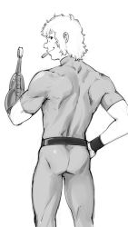 Rule 34 | 1boy, arm cannon, ass, cigar, cobra (space adventure cobra), greyscale, looking at viewer, male focus, monochrome, psychogun, simple background, smile, solo, space adventure cobra, ueyama michirou, weapon, white background