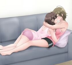 2girls arisugawa_arisu_(mainars) barefoot black_shorts breasts brown_hair camisole closed_eyes commentary_request couch cushion kiss long_hair lying_on_person medium_breasts multiple_girls on_couch original panties pink_camisole pink_panties pink_tank_top short_hair shorts tank_top underwear yuri