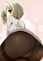 Rule 34 | 10s, 1girl, aria (okuda08808008), ass, black pantyhose, blue eyes, blush, crotch seam, hair ornament, hairclip, hamakaze (kancolle), highres, jpeg artifacts, kantai collection, looking at viewer, looking back, panties, panties under pantyhose, pantyhose, personification, ribbed sweater, silver hair, solo, sweater, thighband pantyhose, underwear