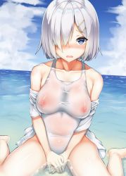 Rule 34 | 1girl, bad id, bad pixiv id, blue eyes, blush, breasts, cloud, cloudy sky, day, eyes visible through hair, hair ornament, hair over one eye, hairclip, hamakaze (kancolle), hcci pcci, jacket, kantai collection, looking at viewer, medium breasts, nipples, ocean, one-piece swimsuit, open mouth, school swimsuit, see-through, short hair, silver hair, sitting, sky, solo, swimsuit, tears, track jacket, wariza, water, wet, wet clothes, wet swimsuit, white jacket, white school swimsuit, white one-piece swimsuit