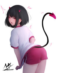 Rule 34 | 1girl, ^^^, arched back, black hair, blush, demon girl, demon horns, demon tail, fang, flying sweatdrops, gym shirt, gym shorts, gym uniform, highres, horns, leaning forward, open mouth, original, red eyes, red shorts, shimmer, shirt, short hair, short shorts, short sleeves, shorts, signature, simple background, solo, tail, tail raised, v-shaped eyebrows, white background, white shirt