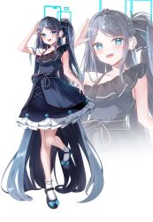 Rule 34 | 1girl, absurdly long hair, absurdres, alternate costume, aris (blue archive), black footwear, blue archive, blue dress, blue eyes, blue hair, blue halo, blush, bow, commentary, dark blue hair, dress, english commentary, foot up, footwear bow, full body, halo, hand up, highres, holding, holding clothes, holding skirt, li se, long hair, looking at viewer, open mouth, ringed eyes, side ponytail, skirt, sleeveless, sleeveless dress, smile, solo, rectangular halo, very long hair, white background, zoom layer