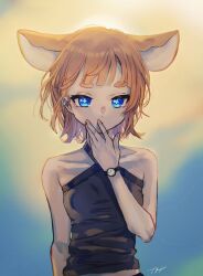 Rule 34 | + +, 1girl, alternate costume, animal ears, artist name, bare shoulders, blue eyes, blue shirt, blunt bangs, breasts, bright pupils, collarbone, crop top, extra ears, fingernails, halter shirt, halterneck, hand to own mouth, hand up, highres, indie virtual youtuber, mau-chan (7name), mouse ears, mouse girl, nail polish, naname (7name), orange hair, original, shirt, signature, sleeveless, sleeveless shirt, small breasts, solo, thick eyebrows, tight clothes, tight shirt, upper body, virtual youtuber, watch, wristwatch