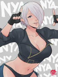 Rule 34 | absurdres, angel (kof), blue eyes, bra, breasts, chaps, cropped jacket, horns pose, fingerless gloves, gloves, hair over one eye, hands up, highres, horns pose, index fingers raised, jacket, large breasts, leather, leather jacket, looking at viewer, muflihfajar, smile, snk, strapless, strapless bra, the king of fighters, the king of fighters xiv, toned, underwear, upper body, white hair
