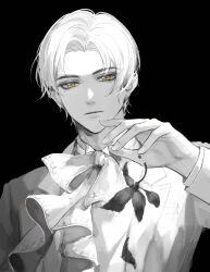 Rule 34 | 1boy, absurdres, black background, closed mouth, greyscale, highres, laoyepo, looking at viewer, male focus, mole, mole under eye, monochrome, neckerchief, shirt, short hair, simple background, solo, tears of themis, upper body, vyn richter (tears of themis), white hair, white neckerchief, white shirt, yellow eyes