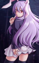 Rule 34 | 1girl, animal ears, black thighhighs, commentary request, finger to mouth, hand to own mouth, highres, index finger raised, long hair, long sleeves, looking at viewer, looking back, pleated skirt, purple hair, purple skirt, rabbit ears, rabbit girl, rabbit tail, red eyes, reisen udongein inaba, shushing, skirt, smile, solo, standing, tail, thighhighs, tottsuman, touhou, zettai ryouiki