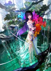 Rule 34 | 1girl, bare shoulders, barefoot, black hair, blue flower, bouquet, branch, closed mouth, colored inner hair, colorful, dress, fish, flower, fuzichoco, highres, holding, holding bouquet, leaf, long dress, long hair, looking at viewer, mountain, multicolored hair, no shoes, orange flower, original, pool, purple eyes, purple flower, purple hair, red flower, rose, see-through, see-through dress, solo, standing, strapless, strapless dress, tree, two-tone hair, very long hair, wading, water, waterfall, wet, white dress