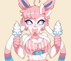 Rule 34 | 1girl, ahoge, animal ears, animal nose, bare shoulders, bikini, blue sclera, blush, body fur, bow, breasts, cleavage, cleavage cutout, clothing cutout, colored sclera, creatures (company), drunkoak, fangs, female focus, food, furry, furry female, game freak, gen 6 pokemon, hair bow, hair ornament, hair ribbon, hairclip, hands up, happy, heart, heart in eye, holding, holding food, ice cream, ice cream cone, looking at viewer, nintendo, open mouth, personification, pink bikini, pink bow, pink fur, pink hair, pokemon, pokemon (creature), ribbon, short hair, simple background, skin fangs, smile, solo, striped bikini, striped clothes, swimsuit, sylveon, symbol in eye, two-tone fur, upper body, white eyes, white fur, white ribbon, yellow background