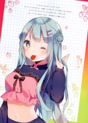 Rule 34 | 1girl, ;d, absurdres, aqua eyes, blue hair, blue shirt, breasts, cherry, crop top, double bun, food, frilled shirt, frills, fruit, hair bun, hand up, highres, long hair, long sleeves, looking at viewer, medium breasts, midriff, mouth hold, navel, one eye closed, open mouth, original, scan, shiino sera, shirt, smile, solo, stomach, upper body