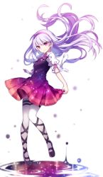 Rule 34 | 1girl, character request, copyright request, dress, headband, hijiri (resetter), long hair, pink eyes, skirt, solo, thighhighs, white background, white hair