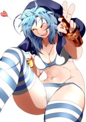 Rule 34 | 1girl, ^ ^, ahoge, alcohol, alternate costume, beer, blue hair, blush, bottle, bra, breasts, cleavage, closed eyes, collarbone, cup, drink, drinking glass, drunk, eyebrows, foam, heart, holding, holding cup, holding drinking glass, hood, kumoi ichirin, laughing, navel, no pants, no shirt, open mouth, panties, potato pot, simple background, sitting, solo, stomach, striped clothes, striped thighhighs, thighhighs, touhou, underboob, underwear, underwear only, v, white background, white bra, white panties