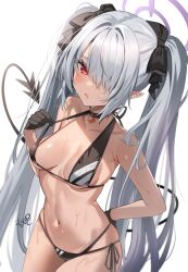 Rule 34 | 1girl, bare shoulders, bikini, black bikini, black choker, black gloves, black ribbon, blue archive, breasts, breasts apart, choker, collarbone, commentary, covered erect nipples, demon tail, gloves, grey hair, hair over one eye, half gloves, halo, hand on own hip, highres, iori (blue archive), iori (swimsuit) (blue archive), leaning forward, long hair, navel, pointy ears, red eyes, ribbon, satoupote, side-tie bikini bottom, signature, small breasts, solo, swimsuit, tail, tail raised, thighs, twintails, underboob, very long hair, wet, wet hair, white background