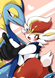 Rule 34 | 1boy, 1girl, animal ears, animal hands, as grab, ass, blush, chin katsu, cinderace, cowboy shot, creatures (company), drop shadow, from behind, game freak, gen 8 pokemon, half-closed eyes, hand on another&#039;s chest, hand up, hands up, happy, heart, hetero, inteleon, interspecies, lizard tail, looking at another, looking back, looking down, matching hair/eyes, nintendo, open mouth, pink background, pokemon, pokemon (creature), pokephilia, rabbit ears, rabbit tail, red eyes, red hair, short hair, simple background, smile, standing, sweat, tail, two-tone background, yellow eyes