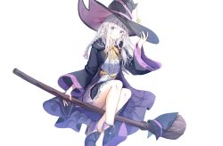 Rule 34 | 1girl, black hat, black robe, blue eyes, braid, broom, broom riding, elaina (majo no tabitabi), hair between eyes, hand on headwear, hat, hat ornament, hat ribbon, long hair, long sleeves, majo no tabitabi, open clothes, open robe, pointy footwear, ribbon, robe, seero, shirt, silver hair, simple background, single braid, skirt, smile, solo, white background, white shirt, witch, witch hat, yellow neckwear