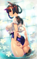 Rule 34 | 1girl, animal ears, ass, player character (mabinogi), back, blunt bangs, braid, braided hair rings, breasts, butt crack, cat ears, covered erect nipples, curvy, dated, ecell, hair rings, huge ass, large breasts, light smile, mabinogi, one-piece swimsuit, parted lips, school swimsuit, school uniform, serafuku, solo, swimsuit, thick thighs, thighhighs, thighs, wet, wet clothes, wide hips