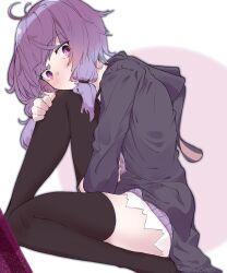 Rule 34 | 1girl, absurdres, arm between legs, black hoodie, black thighhighs, blush, commentary, dress, fang, feet out of frame, from side, hand on own knee, head on knee, head rest, highres, hood, hood down, hoodie, knee up, long sleeves, looking at viewer, looking to the side, microdress, purple dress, purple eyes, purple hair, ribbed dress, short hair with long locks, sitting, smile, solo, thighhighs, thighs, vocaloid, voiceroid, wavy mouth, yoru no yamai, yuzuki yukari, zettai ryouiki