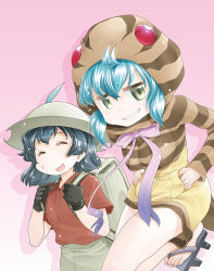 Rule 34 | 10s, 2girls, aqua hair, backpack, bag, black gloves, black hair, bow, bucket hat, comic, commentary request, closed eyes, geta, gloves, grin, hands in pockets, hat, hat feather, hood, hood up, hoodie, kaban (kemono friends), kemono friends, mizuki hitoshi, multiple girls, open mouth, pink background, red shirt, shadow, shirt, short hair, shorts, smile, snake tail, sweatdrop, t-shirt, tail, tsuchinoko (kemono friends), yellow eyes
