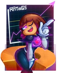 Rule 34 | 1girl, android, between legs, bodysuit, brown hair, content rating, cosplay, frisk (undertale), graph, hand between legs, heart, joints, mettaton (cosplay), one eye closed, purple eyes, robot, robot joints, shoulder pads, solo, trembling, undertale, wink