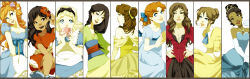 Rule 34 | 6+girls, alice (alice in wonderland), alice in wonderland, alternate costume, animification, back, bad deviantart id, bad id, beauty and the beast, belle (disney), black hair, blonde hair, blue dress, bow, breasts, brown hair, cleavage, column lineup, company connection, crossed legs, crossover, crown, cup, curly hair, darci robbins, dark-skinned female, dark skin, disney, dress, drinking, elbow gloves, elizabeth swann, enchanted, fa mulan (disney), flower, giselle, giselle (disney), gloves, hair flower, hair ornament, hands on lap, hands on own hips, headband, highres, jane porter, jewelry, lilo &amp; stitch, lilo pelekai, long hair, long image, medium breasts, mulan, multiple girls, necklace, peter pan, peter pan (disney), pirates of the caribbean, red dress, red hair, sandals, short hair, sitting, small breasts, standing, tarzan, tarzan (disney), teacup, the princess and the frog, tiana, tiana (the princess and the frog), tiara, wendy darling, white background, white theme, wide image, yellow dress