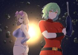 Rule 34 | 2girls, alternate costume, arm cannon, ass, asteroid, belt, blush, bow, breasts, butt crack, cleavage, closed mouth, cobra (space adventure cobra), covered navel, curly hair, gauntlets, green eyes, green hair, hair bow, hair tubes, hand on own hip, haruka (senran kagura), highres, hikage (senran kagura), holding, holding own arm, holding weapon, jane royal, large breasts, lemonrou, looking at viewer, looking back, medium hair, multiple girls, pink bow, psychogun, senran kagura, senran kagura new link, silver choker, slit pupils, space, space adventure cobra, sun, weapon, yellow eyes