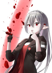 Rule 34 | 1girl, absurdres, arknights, black jacket, blood, blood on hands, blood sample, blush, breasts, closed mouth, cross, eyebrows, female focus, finger to mouth, grey hair, hair between eyes, hair ornament, highres, jacket, long hair, looking at viewer, medic, pointy ears, red eyes, ribbed shirt, shirt, simple background, small breasts, solo, syringe, user rymn2453, vampire, warfarin (arknights), warfarin (elite ii) (arknights), white background