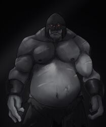Rule 34 | 1boy, absurdres, arm guards, arms at sides, basedbinkie, beard, belly, big belly, black background, bruise, bruised chest, cowboy shot, dark, dark background, facial hair, fangs, fat, fat man, gauntlets, glowing, glowing eye, gradient background, greyscale, highres, injury, large pectorals, looking at viewer, male focus, mask, monochrome, muscular, muscular male, navel, nipples, orc, pants, pectorals, red eyes, scar, simple background, smile, solo, spot color, standing, stomach, topless male