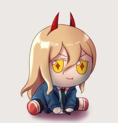 Rule 34 | + +, 1girl, black necktie, blonde hair, blue jacket, chainsaw man, chibi, commentary, english commentary, fang, full body, fumo (doll), hair between eyes, highres, horns, jacket, necktie, power (chainsaw man), red horns, signature, skullchimes, solo, v-shaped eyebrows, yellow eyes