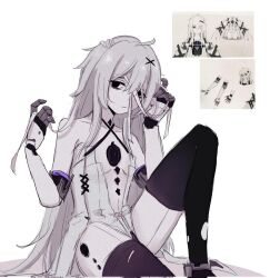 Rule 34 | 1girl, ahoge, bandages, bare shoulders, black eyes, black thighhighs, dress, flat chest, grey dress, grey hair, hair ornament, joints, lcaomei arts, long hair, mechanical arms, mechanical parts, no.21: xxi (punishing: gray raven), no.21 (punishing: gray raven), punishing: gray raven, robot joints, solo, subdermal port, thighhighs, torn clothes, torn thighhighs, white background, x hair ornament