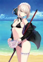 Rule 34 | 1girl, absurdres, apron, artoria pendragon (alter swimsuit rider) (fate), artoria pendragon (alter swimsuit rider) (second ascension) (fate), artoria pendragon (fate), bare shoulders, beach, bikini, black bikini, black jacket, blue sky, blush, bow, bowtie, braid, breasts, bridal garter, closed mouth, cloud, cloudy sky, collarbone, day, fate/grand order, fate (series), french braid, highres, jacket, long sleeves, looking at viewer, maid, maid apron, maid headdress, navel, ocean, off shoulder, outdoors, pale skin, scan, serious, sky, small breasts, solo, stomach, swimsuit, thigh strap, tony taka, waist apron, water