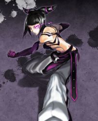 Rule 34 | 1girl, bad id, bad pixiv id, bare shoulders, belt, black hair, capcom, detached sleeves, drill hair, dudou, elbow gloves, fighting stance, fingerless gloves, gloves, glowing, glowing eye, halterneck, halterneck, han juri, ink, kim000, open mouth, purple eyes, shadow, solo, street fighter, street fighter iv (series), toned, twin drills