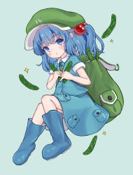 Rule 34 | 1girl, bag, bananannu, blue eyes, blue footwear, blue hair, blue skirt, blue vest, blush, boots, collared shirt, cucumber, flying, food, frills, green background, green bag, green hat, hair between eyes, hair bobbles, hair ornament, hands up, hat, highres, jewelry, kawashiro nitori, key, key necklace, looking at viewer, necklace, open mouth, shirt, short sleeves, short twintails, simple background, sitting, skirt, solo, star (symbol), touhou, twintails, vegetable, vest, white shirt