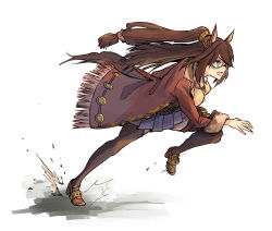 Rule 34 | 1girl, :d, absurdres, animal ears, blue eyes, blue skirt, brown footwear, brown hair, brown thighhighs, el condor pasa (umamusume), full body, highres, horse ears, horse girl, horse tail, jacket, mask, miyajo, open mouth, ponytail, red jacket, running, simple background, skirt, smile, solo, tail, thighhighs, umamusume, white background