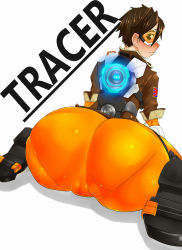 Rule 34 | 1girl, ass, ass focus, blush, bodysuit, bomber jacket, bouzon, brown eyes, brown hair, cameltoe, character name, embarrassed, from behind, glowing, goggles, highres, huge ass, jacket, looking at viewer, looking back, overwatch, overwatch 1, pantylines, patch, shiny clothes, short hair, simple background, sitting, skin tight, sleeves rolled up, solo, tracer (overwatch), trefoil, union jack, wariza, wavy mouth, white background