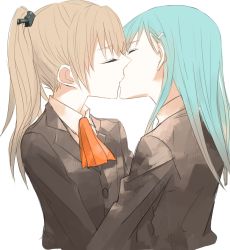 Rule 34 | 10s, 2girls, blue hair, brown hair, closed eyes, female focus, gogono pan&#039;ya, hair ornament, hairclip, highres, kantai collection, kiss, kumano (kancolle), multiple girls, personification, ponytail, school uniform, simple background, suzuya (kancolle), white background, yuri