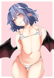 Rule 34 | 1girl, bat wings, bikini, blue hair, blush, breasts, commentary request, contrapposto, cowboy shot, head tilt, highres, kz oji, looking at viewer, navel, pink background, pointy ears, red eyes, remilia scarlet, short hair, small breasts, solo, standing, stomach, swimsuit, thigh gap, touhou, two-tone background, white background, white bikini, white border, wide hips, wings