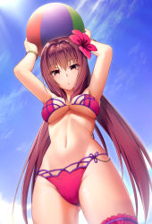 Rule 34 | 1girl, arms up, ball, beachball, bikini, blue sky, blurry, blush, bracelet, breasts, bridal garter, cleavage, closed mouth, day, depth of field, fate/grand order, fate (series), flower, from below, gluteal fold, hair flower, hair ornament, highres, holding, holding ball, jewelry, large breasts, long hair, looking at viewer, looking down, medium breasts, navel, outdoors, pink bikini, pink flower, purple hair, red eyes, scathach (fate), scathach (fate/grand order), scathach (swimsuit assassin) (fate), shoron, sky, solo, standing, stomach, swimsuit, underboob, very long hair